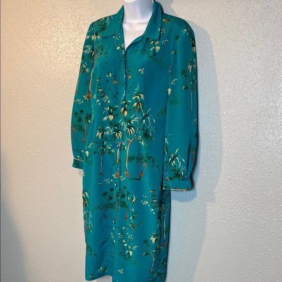 VNTG Leslie Fay Green Long Sleeve Notched Collar Button Down Midi Dress - Picture 7 of 7